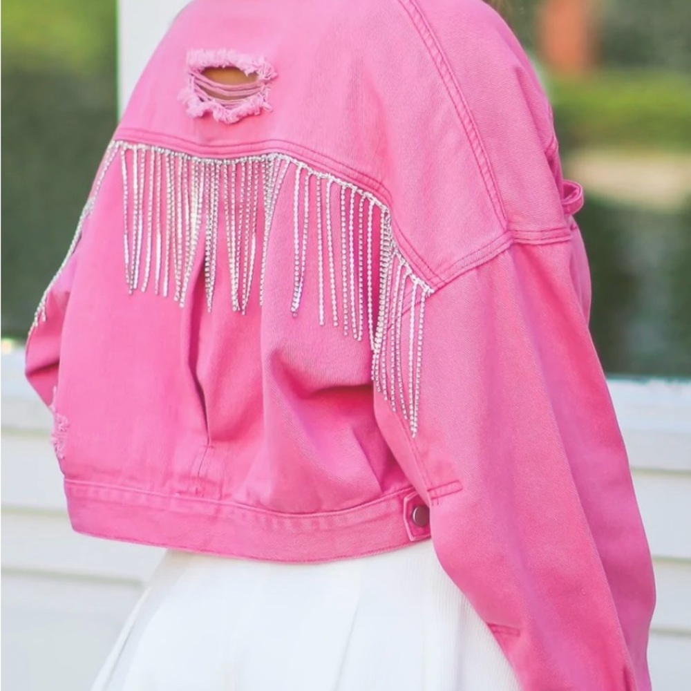Diamond Fringe Pink Denim Jacket